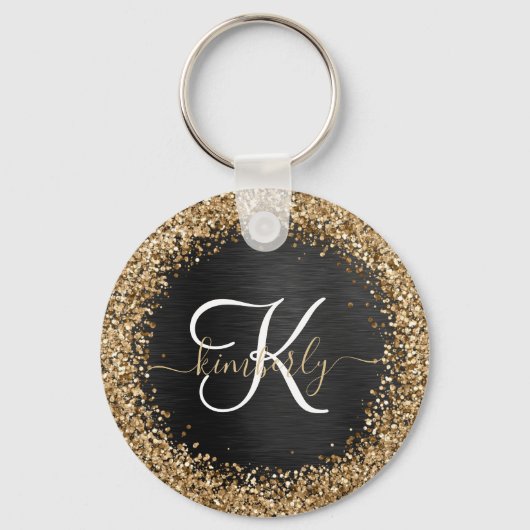 Aangepast goudglitter zwart monogram sleutelhanger (Voorkant)