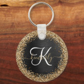 Aangepast goudglitter zwart monogram sleutelhanger (Voorkant)