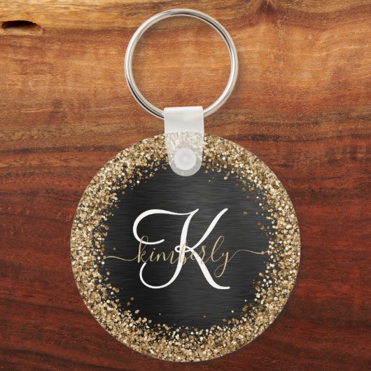 Aangepast goudglitter zwart monogram sleutelhanger (Voorkant)
