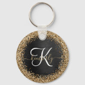 Aangepast goudglitter zwart monogram sleutelhanger (Achterkant)