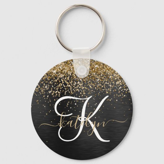 Aangepast goudglitter zwart monogram sleutelhanger (Voorkant)