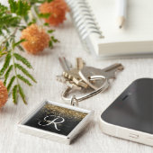 Aangepast goudglitter zwart monogram sleutelhanger (Zijkant)