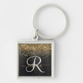 Aangepast goudglitter zwart monogram sleutelhanger (Voorkant)