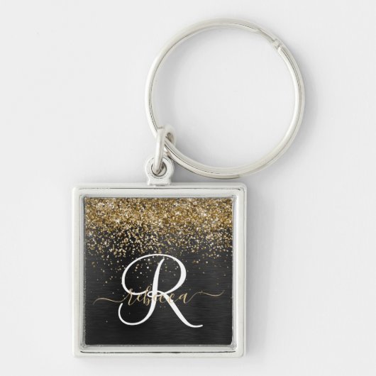Aangepast goudglitter zwart monogram sleutelhanger (Voorkant)