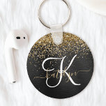 Aangepast goudglitter zwart monogram sleutelhanger<br><div class="desc">Maak dit trendy elegante ontwerp van de sleutelhanger eenvoudig aan te passen met  gouden mousserende glitter op een zwarte geborstelde metalen achtergrond.</div>