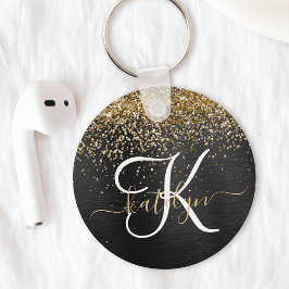 Aangepast goudglitter zwart monogram sleutelhanger