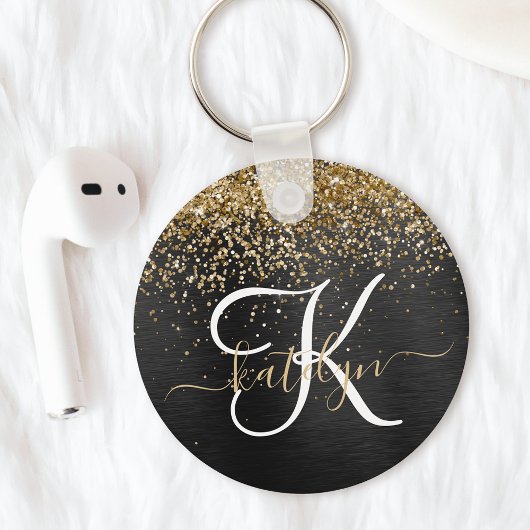 Aangepast goudglitter zwart monogram sleutelhanger