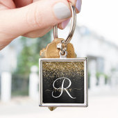 Aangepast goudglitter zwart monogram sleutelhanger