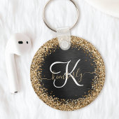 Aangepast goudglitter zwart monogram sleutelhanger