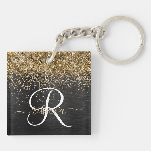 Aangepast goudglitter zwart monogram sleutelhanger (Achterkant)