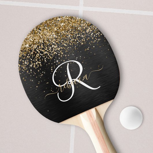 Aangepast goudglitter zwart monogram tafeltennisbatje