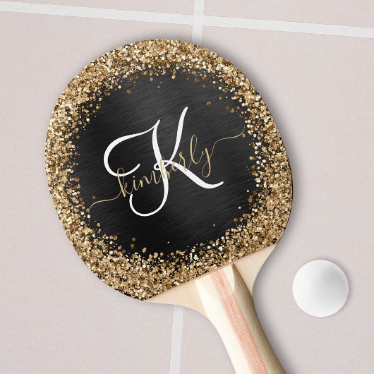 Aangepast goudglitter zwart monogram tafeltennisbatje