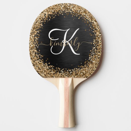 Aangepast goudglitter zwart monogram tafeltennisbatje (Voorkant)