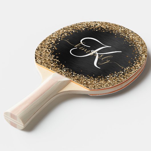 Aangepast goudglitter zwart monogram tafeltennisbatje (Voorkant Gekanteld)