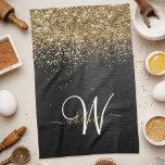 Aangepast goudglitter zwart monogram theedoek<br><div class="desc">Pas dit trendy elegante keukenhanddoekontwerp met  gouden mousserende glitter op een zwarte geborstelde metalen achtergrond eenvoudig aan.</div>