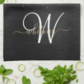 Aangepast goudglitter zwart monogram theedoek (Gevouwen)