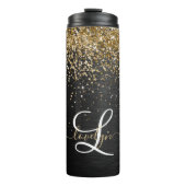 Aangepast goudglitter zwart monogram thermosbeker (Voorkant)