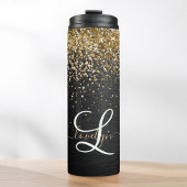 Aangepast goudglitter zwart monogram thermosbeker