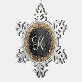 Aangepast goudglitter zwart monogram tin sneeuwvlok ornament (Rechts)