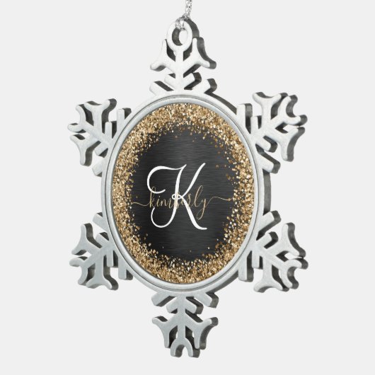 Aangepast goudglitter zwart monogram tin sneeuwvlok ornament (Rechts)