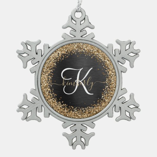 Aangepast goudglitter zwart monogram tin sneeuwvlok ornament (Voorkant)