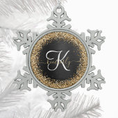 Aangepast goudglitter zwart monogram tin sneeuwvlok ornament