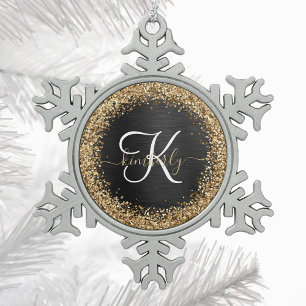 Aangepast goudglitter zwart monogram tin sneeuwvlok ornament