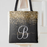 Aangepast goudglitter zwart monogram tote bag<br><div class="desc">Maak dit trendy elegante ontwerp van de canvas tas eenvoudig aan te passen met  gouden mousserende glitter op een zwarte geborstelde metalen achtergrond.</div>