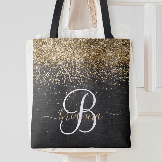 Aangepast goudglitter zwart monogram tote bag
