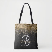 Aangepast goudglitter zwart monogram tote bag (Voorkant)