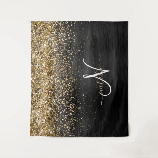 Aangepast goudglitter zwart monogram wandkleed (Voorkant)