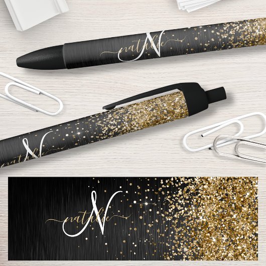 Aangepast goudglitter zwart monogram zwarte inkt pen