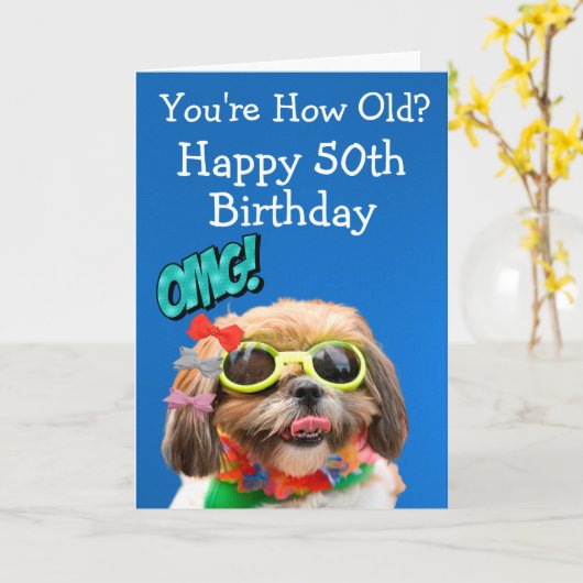 Aangepast grappige 50e verjaardag van de hond kaart (Gele Bloem)
