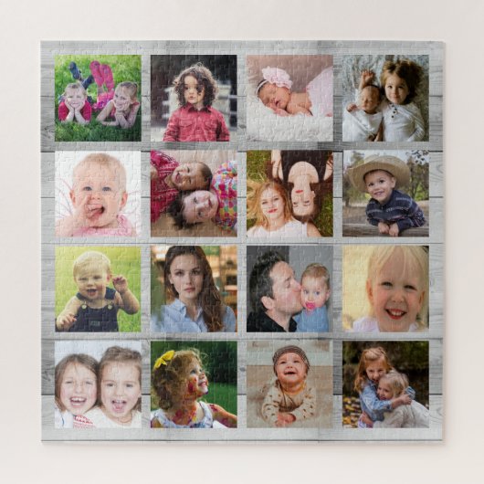 Aangepast grijs hout 16 Square Family Photo Collag Legpuzzel (Verticaal)
