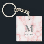 Aangepast grijs monogram en naam op roze marmer sleutelhanger<br><div class="desc">Voeg jouw naam en monogram toe in grijze tekst op een faux roze marmer achtergrond.</div>