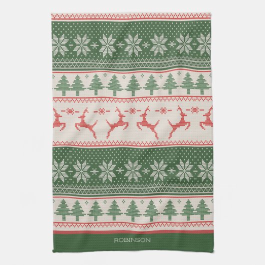 Aangepast groen en rood noords kerstpatroon theedoek (Verticaal)