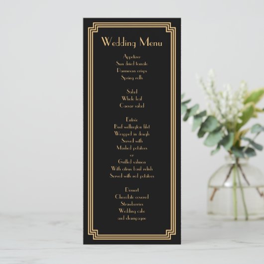Aangepast Groot Gatsby Art Deco Zwart Bruiloftsmen Menu (Staand voorkant)