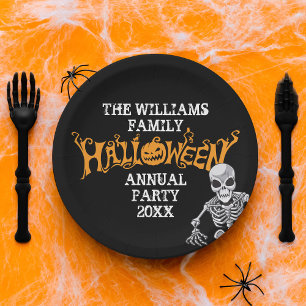 Aangepast halloween-skelet voor jaarlijkse feestda papieren bordje