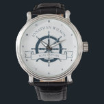 Aangepast handvat Nautisch wiel Horloge<br><div class="desc">De kapitein van de Chic-aangepaste boot kijkt naar een strandcruise op de oceaan met een blauw-bootstuurwiel van de marine. Deze zeemieuwde polshorloge is perfect voor een scheepshelikopter. Pas aan met uw achternaam of andere tekst.</div>