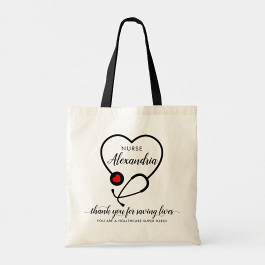 Aangepast hart Stethoscoop Hero Naam Verpleegster Tote Bag (Achterkant)