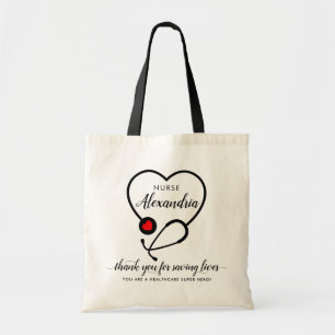 Aangepast hart Stethoscoop Hero Naam Verpleegster  Tote Bag