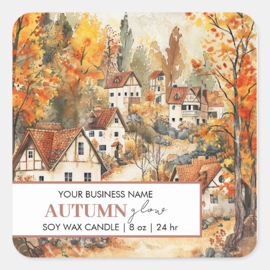Aangepast Herfst kaarsetiket | Autumn Glow Village Vierkante Sticker (Voorkant)