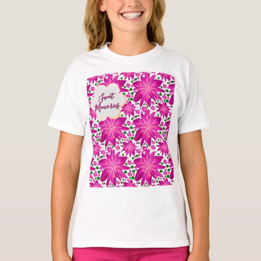 Aangepast hete roze bloemmotief zonder naad t-shirt (Voorkant)