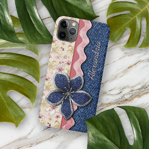 Aangepast heupdenim Jeans Cute Pastel Floral Patte iPhone 11 Pro Max Hoesje