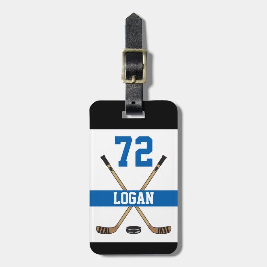 Aangepast hockey Player Name Number Blue Bagagelabel (Voorkant verticaal)