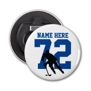 Aangepast hockey Player Name Number Blue Button Flesopener