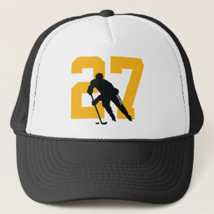 Aangepast hockey Player Number Black en Gold Yello Trucker Pet