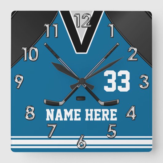 Aangepast Hockey Wall Clocks Jouw naam en NUMMER Vierkante Klok (Voorkant)