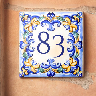 Aangepast huisnummer in blauwe mediterrane stijl tegeltje