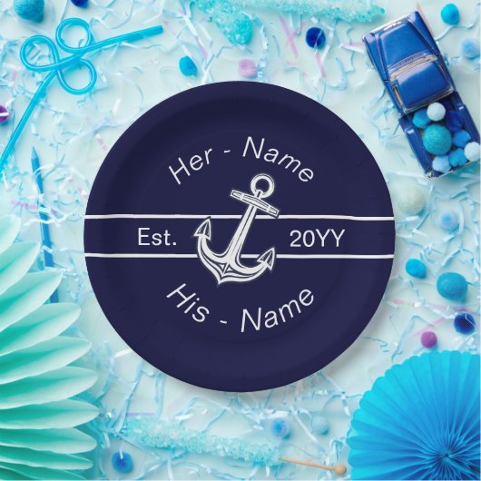 Aangepast huwelijk Nautical Anchor Navy Blue Papieren Bordje (Feest)